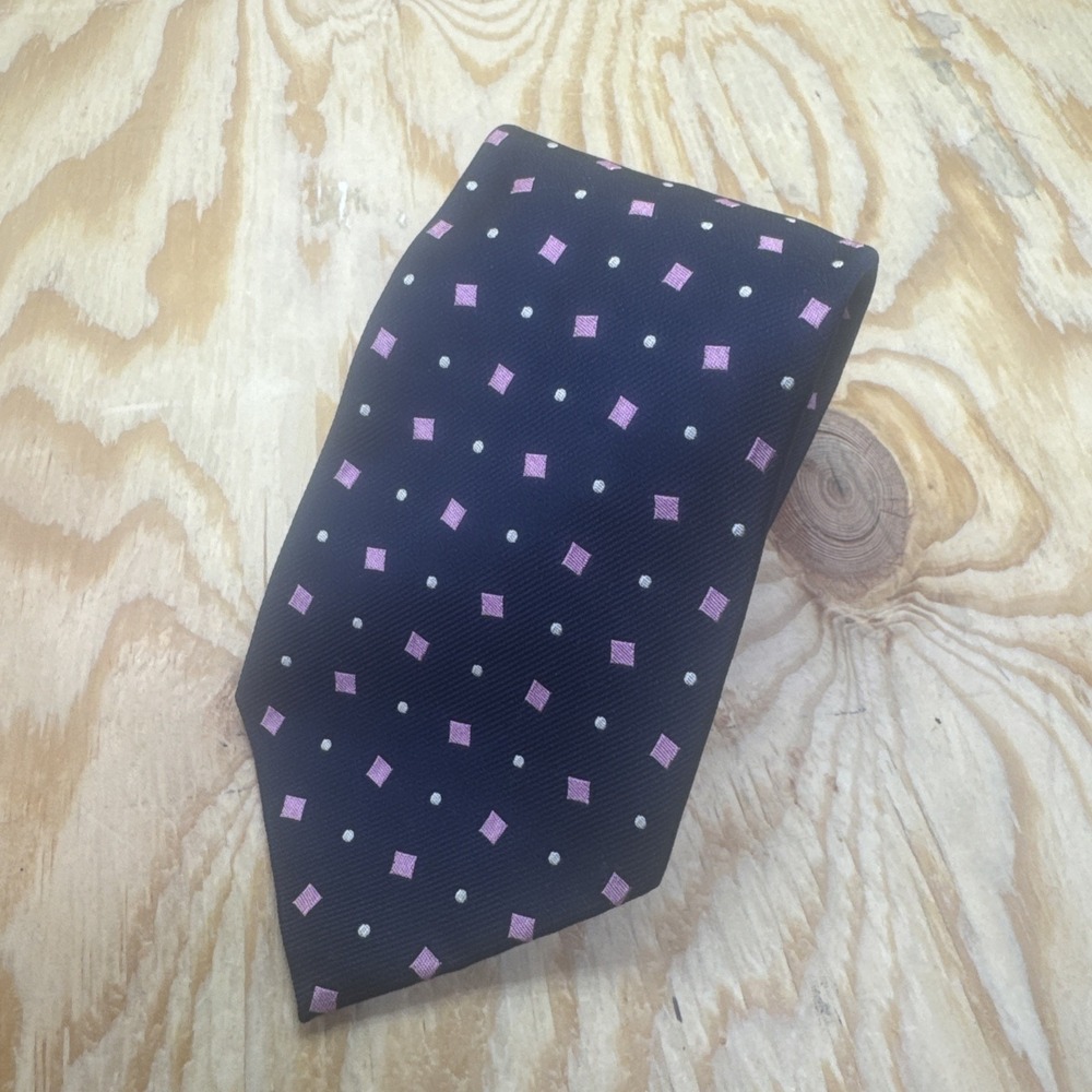 Polo Ralph Lauren Navy Blue Pink Polka Dot Silk Tie Made in Italy Classic Preppy